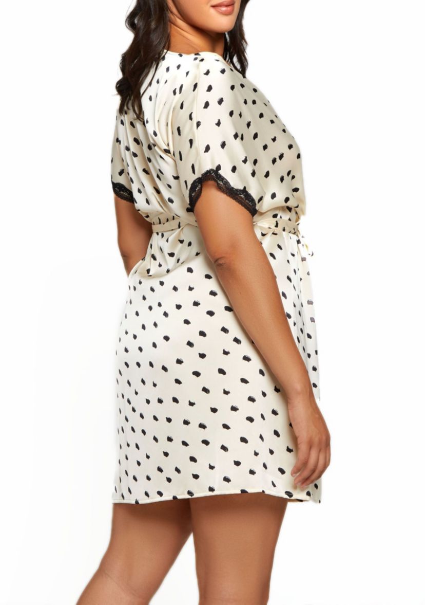 Ameil Plus Size Dotted Satin Cap Sleeve Robe Trimmed in Soft Lace with Looped Self Tie Sash and Inner Ties
