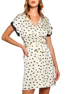 Ameil Dotted Satin Cap Sleeve Robe Trimmed Soft Lace with Looped Self Tie Sash and Inner Ties