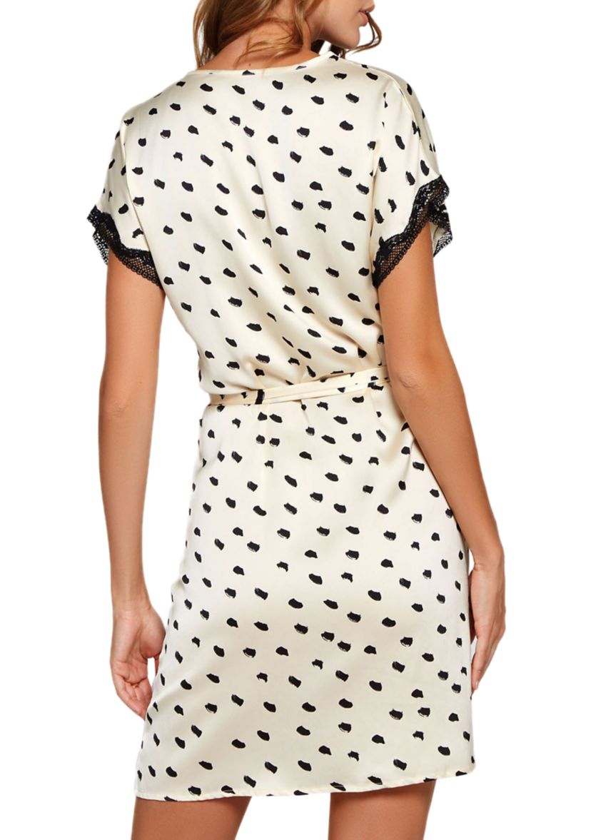 Ameil Dotted Satin Cap Sleeve Robe Trimmed in Soft Lace with Looped Self Tie Sash and Inner Ties