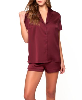 Nadine Soft Satin Button Down Notched Collar Top and Relaxed Elastic Waist Short with Detailed Sleeve Shorts Hem Finishing's Embroidery Laced on Mesh Back Panel.