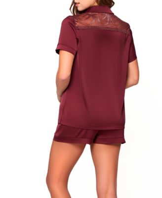 Nadine Soft Satin Button Down Notched Collar Top and Relaxed Elastic Waist Short with Detailed Sleeve Shorts Hem Finishing's Embroidery Laced on Mesh Back Panel.