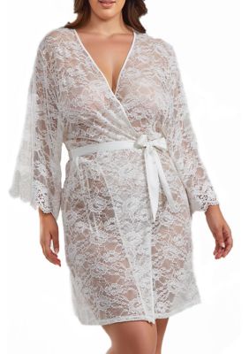 Icollection Women's Rowena Plus Size Soft Sheer Lace Robe With Self Tie Satin Sash