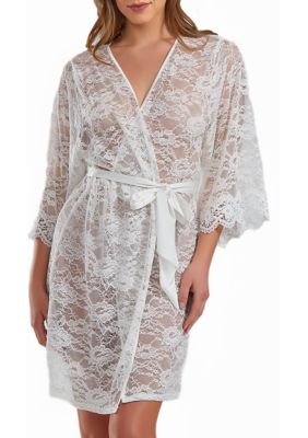 Icollection Women's Rowena Soft Sheer Lace Robe With Self Tie Satin Sash