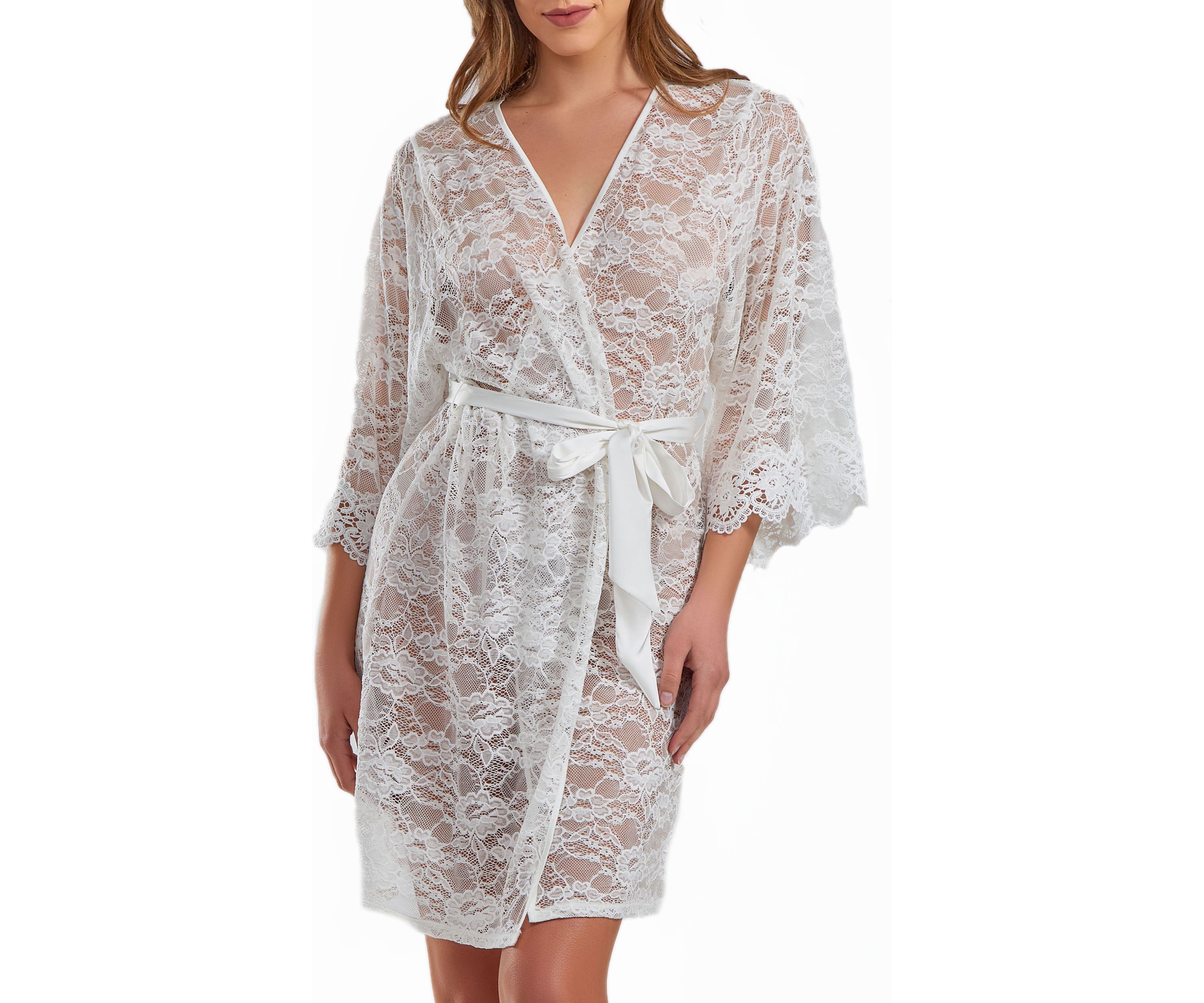 Rowena Soft Sheer Lace Robe with Self Tie Satin Sash