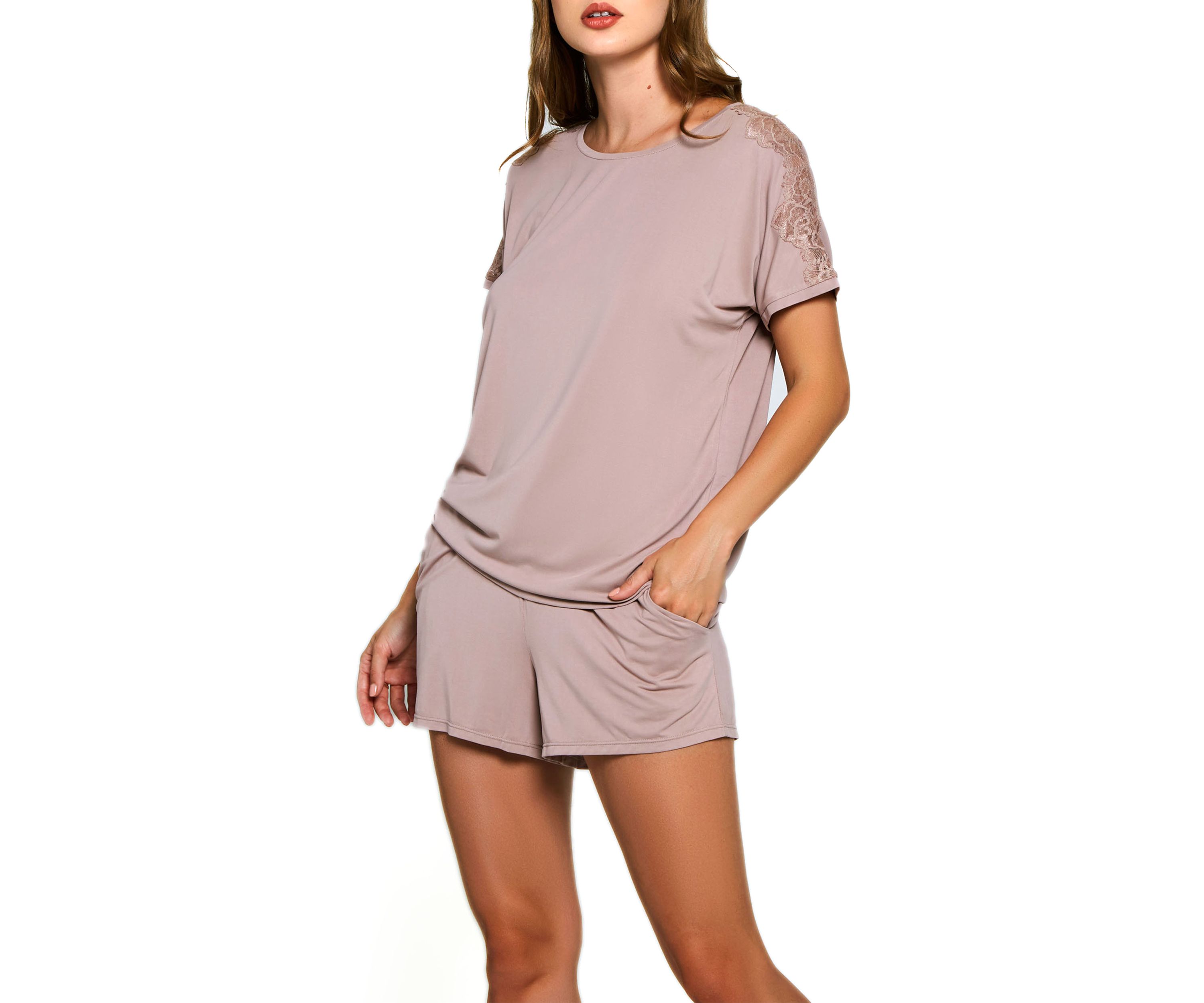 Blyth Ultra Soft knit Blend Sleep Tee and Relaxed Elastic Waist Pocket Shorts Set. Designed with Elegant Tonal Laced Shoulders