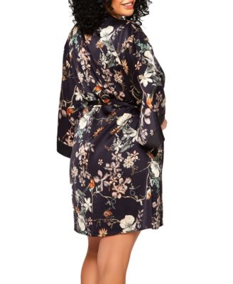 Marlena Plus Stretch Satin Floral Print Robe with Contrast Placket and Sleeve Hems. Designed looked Self Tie Sash Inner Ties.