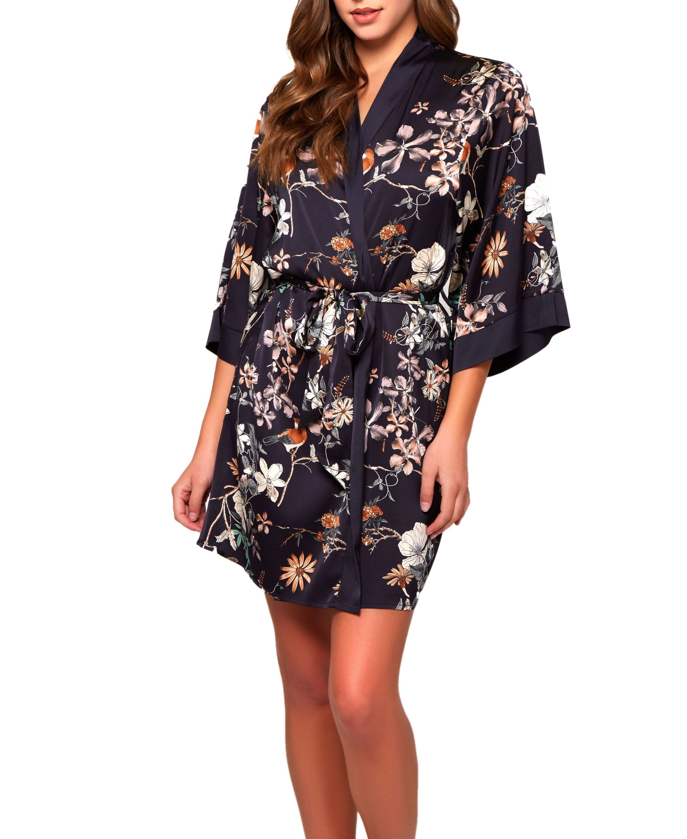 Marlena Stretch Satin Floral Print Robe with Contrast Placket and Sleeve Hems. Designed with looked Self Tie Sash and Inner Ties.
