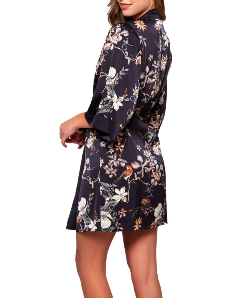 Marlena Stretch Satin Floral Print Robe with Contrast Placket and Sleeve Hems. Designed with looked Self Tie Sash and Inner Ties.