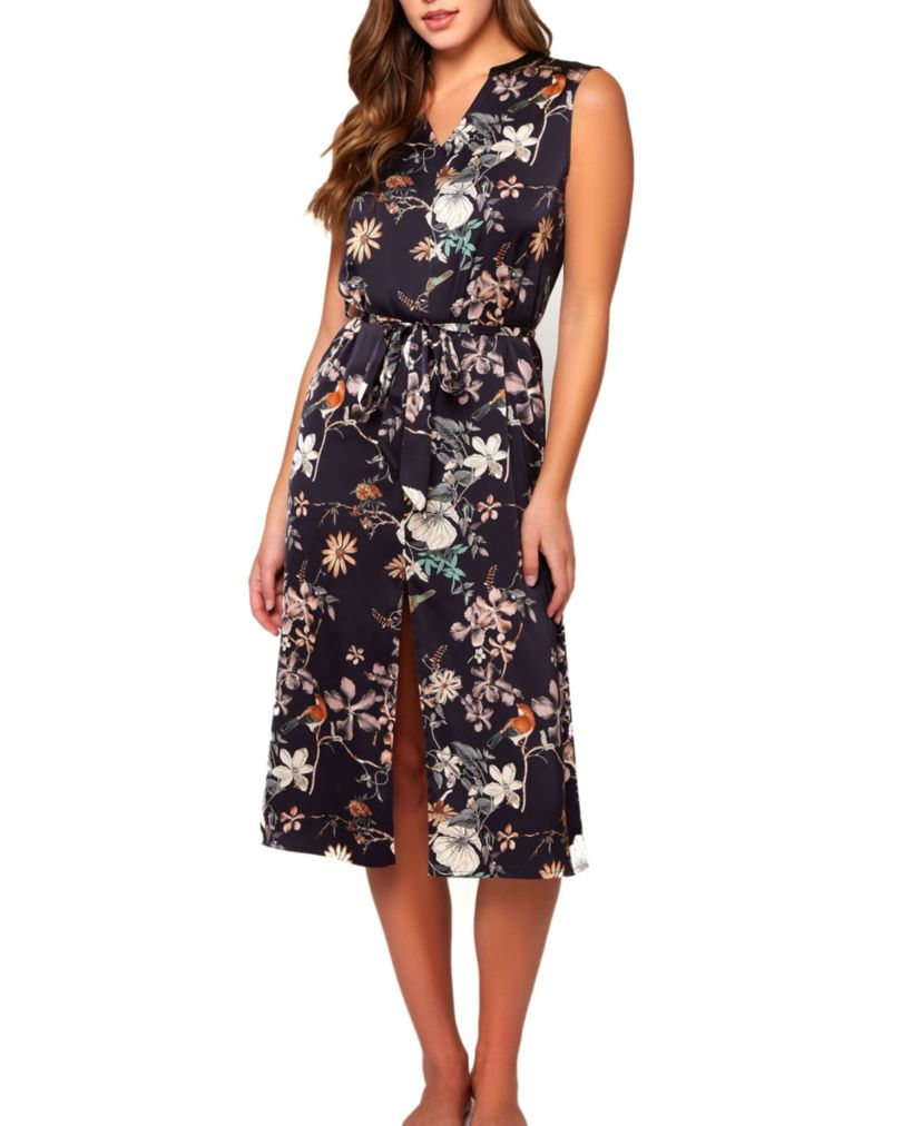 Marlena 1 PC Stretch Satin Floral Print Long Dress with Front 12 Slit and looped self Tie Sash