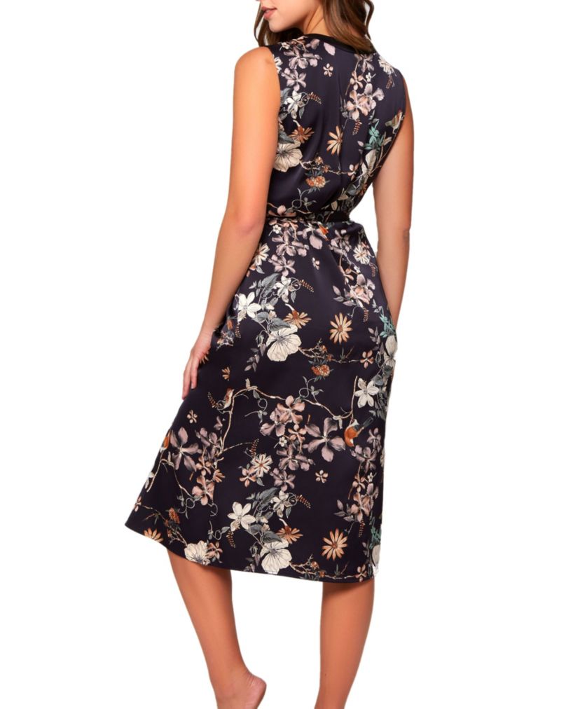 Marlena 1 PC Stretch Satin Floral Print Long Dress with Front 12 Slit and looped self Tie Sash
