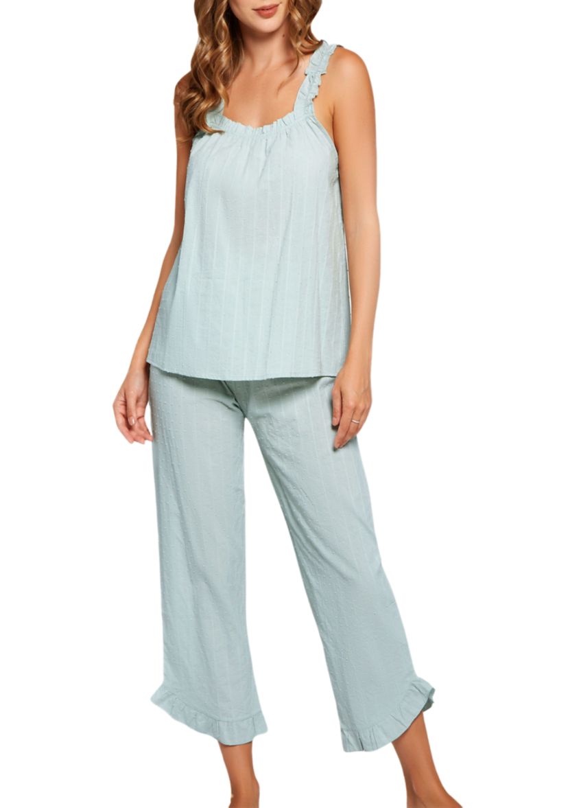 Darcy Ruffle Textured Cotton Cami and Relaxed Elastic Waist Capri Set with Ruffled Trimmed Hemline, Elastic ruffled Shoulders and neckline.
