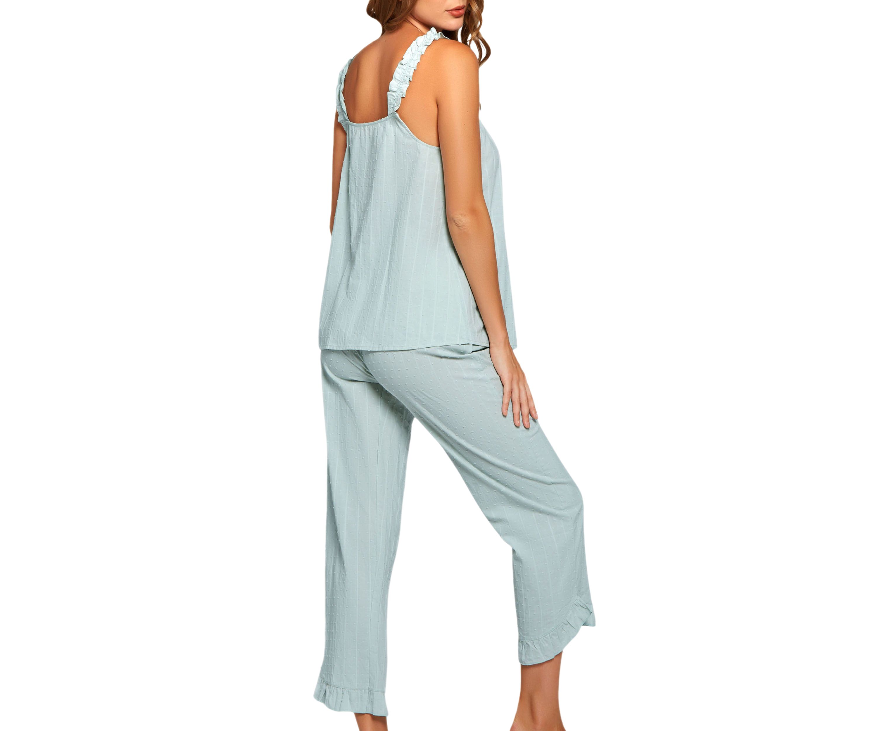 Darcy Ruffle Textured Cotton Cami and Relaxed Elastic Waist Capri Set with Ruffled Trimmed Hemline, Elastic ruffled Shoulders and neckline.