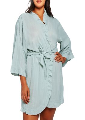 Icollection Women's Darcy Plus Size Textured Cotton Ruffle Placket Robe With Looped Self Tie Sash And Inner Ties