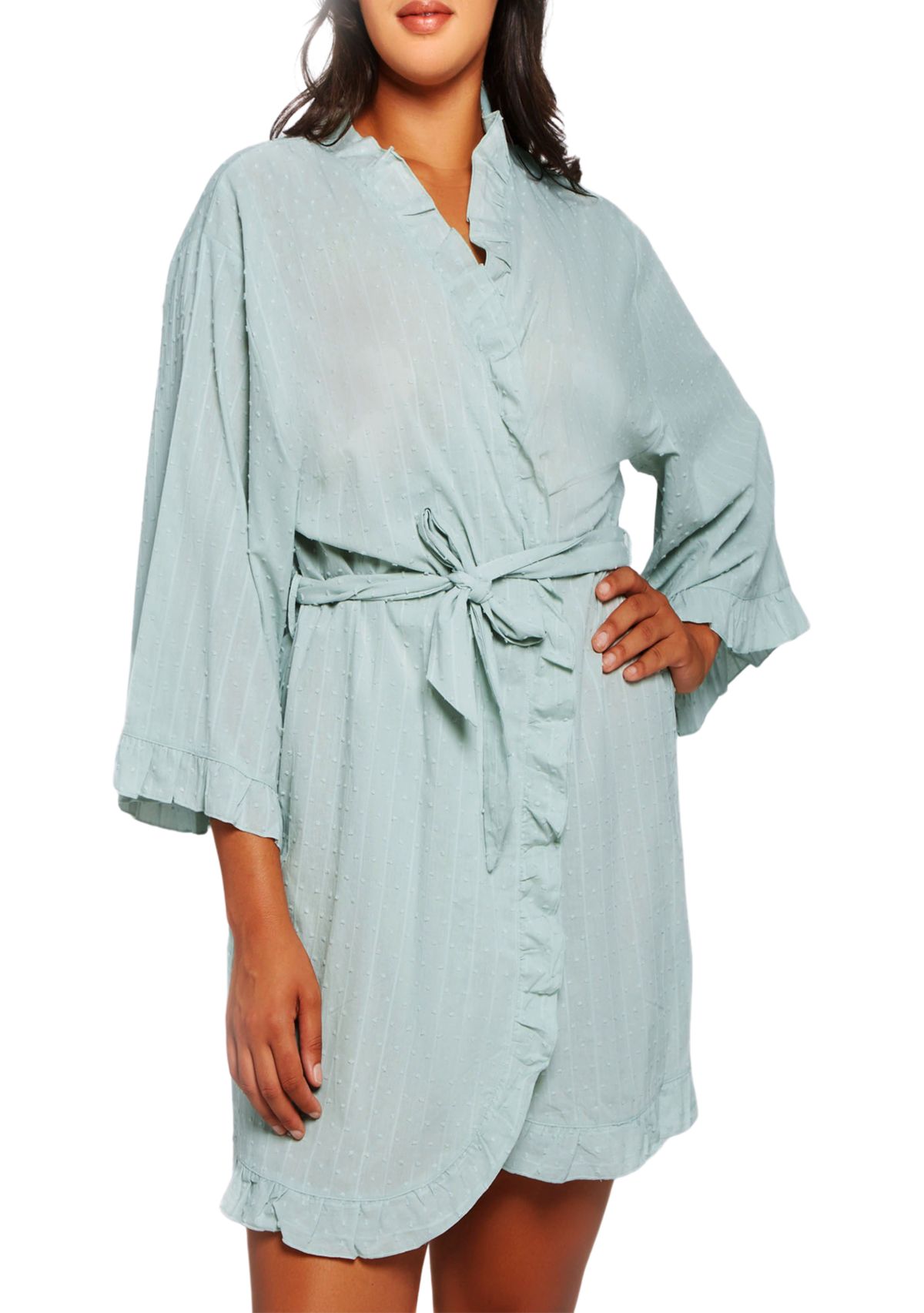 Darcy Plus Size Textured Cotton Ruffle Placket Robe with Looped Self Tie Sash and Inner Ties.