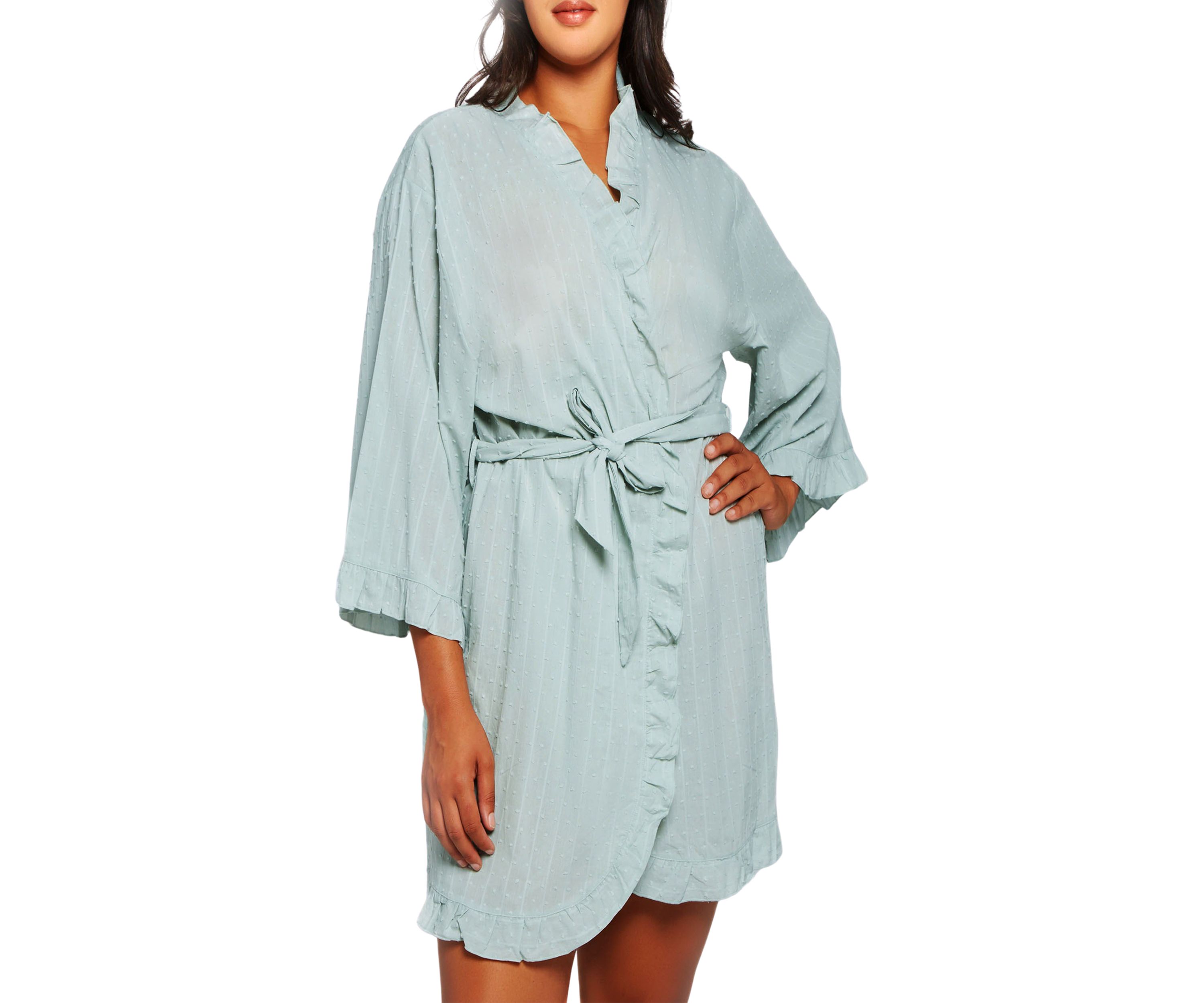 Darcy Plus Size Textured Cotton Ruffle Placket Robe with Looped Self Tie Sash and Inner Ties.