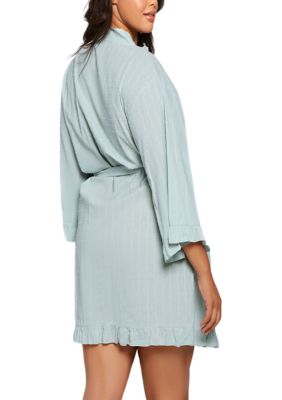 Darcy Plus Textured Cotton Ruffle Placket Robe with Looped Self Tie Sash and Inner Ties.