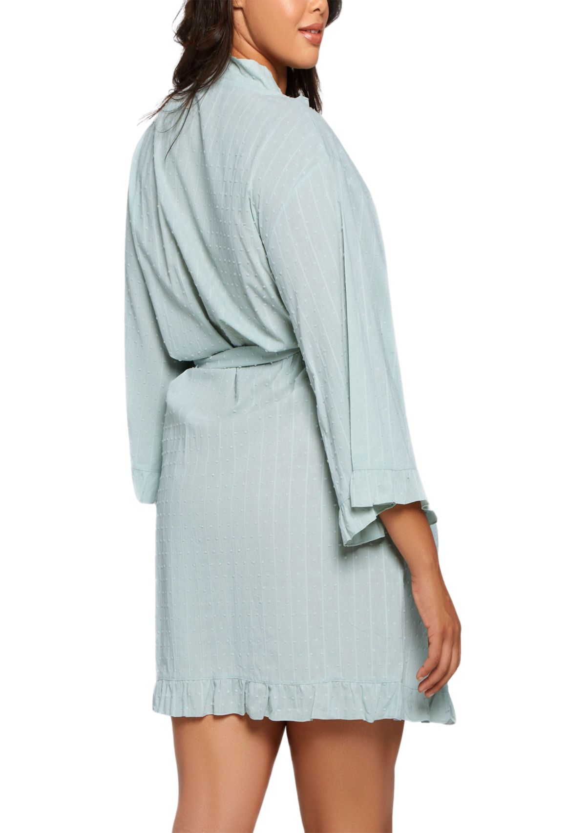 Darcy Plus Size Textured Cotton Ruffle Placket Robe with Looped Self Tie Sash and Inner Ties.