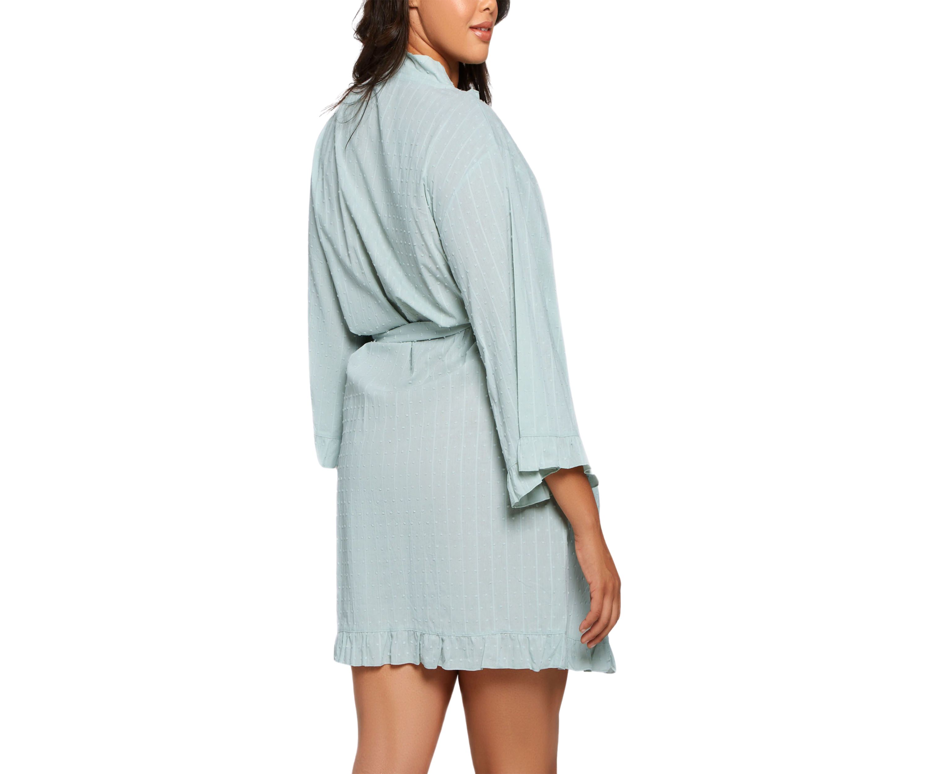 Darcy Plus Size Textured Cotton Ruffle Placket Robe with Looped Self Tie Sash and Inner Ties.