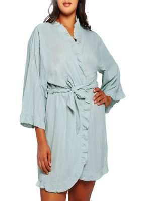 Darcy Textured Cotton Ruffle Placket Robe with Looped Self Tie Sash and Inner Ties.