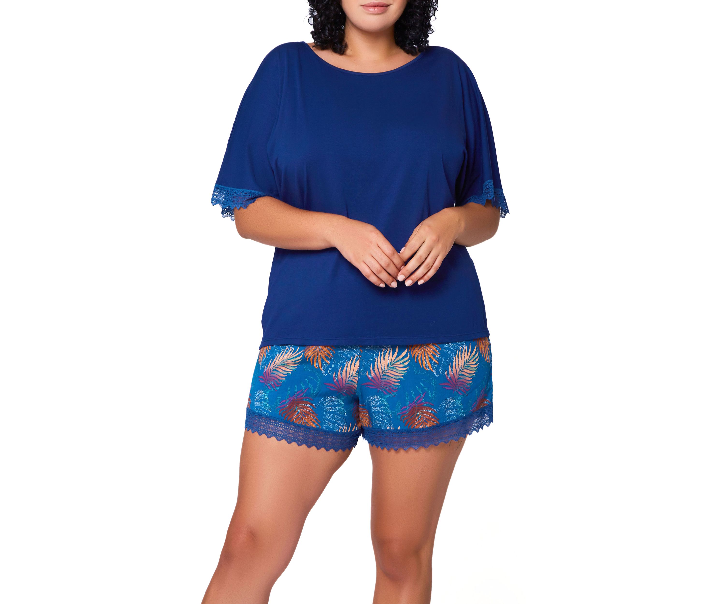 iCollection Womens Plus Size 2PC Day and Night PJ short Set Trimmed in Lace