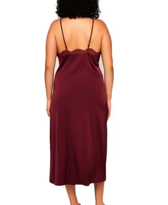 Gwendolyn Soft Cup Stretch Satin Midi Slip W/ Deep Breezy Laced V Underbust Trimmed Lace and around the neckline to back. Relaxed Fit with Adjustable Straps