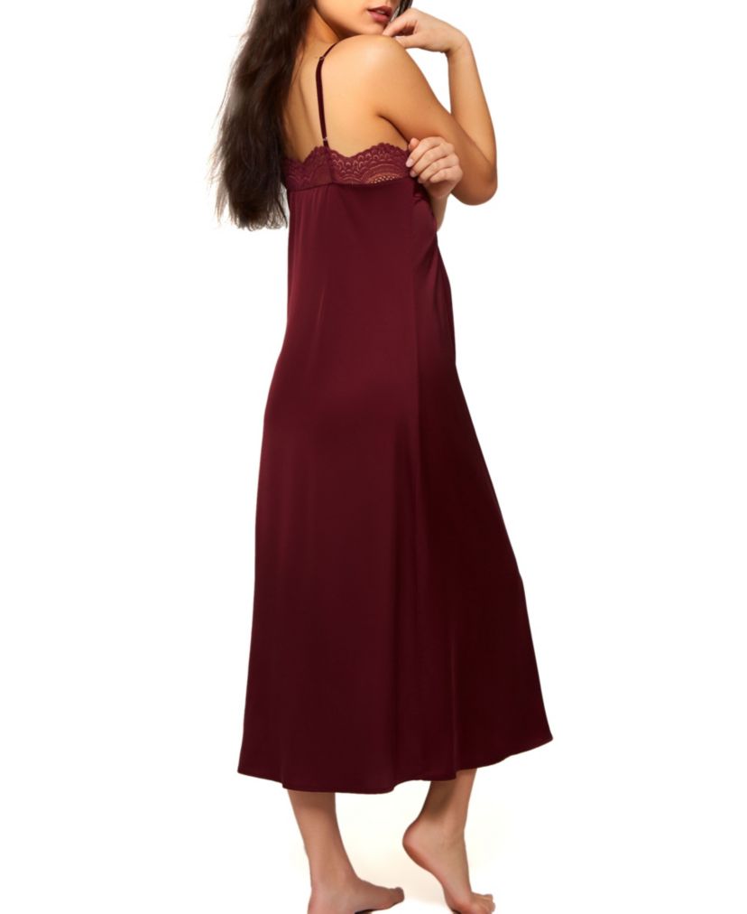 Gwendolyn Soft Cup Stretch Satin Midi Slip W/ Deep Breezy Laced V Underbust Trimmed in Lace and around the neckline to the the back. Relaxed Fit with Adjustable Straps.
