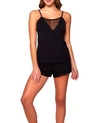 Joslyn Swiss Dot Mesh Patterned on a Soft Knit Cami with Relaxed Elastic Shorts. Set has adjustable Straps for your Comfort Level.