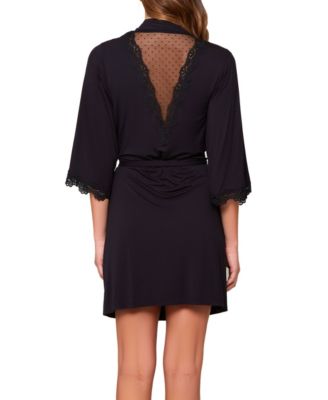 Joslyn Swiss Dot Mesh V Patterned on a Soft Knit Robe with laced Trimmed Sleeves. Designed looped Self Tie Sash and inner Ties.