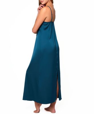 Marguerite Soft Cup Stretch Satin Long Gown with Deep V Elegantly Embroidered Mesh Neckline. Relaxed Fit Adjustable Straps