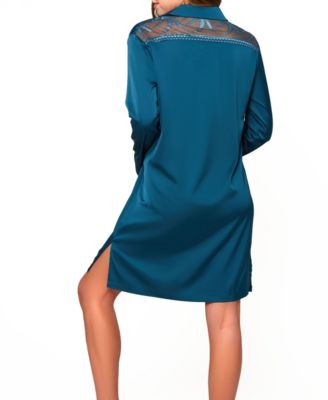 Marguerite Stretch Satin Relaxed Sleep Shirt W/  Embroidered Lace on Mesh Patterned with Back. has Double Bottom Side Slits