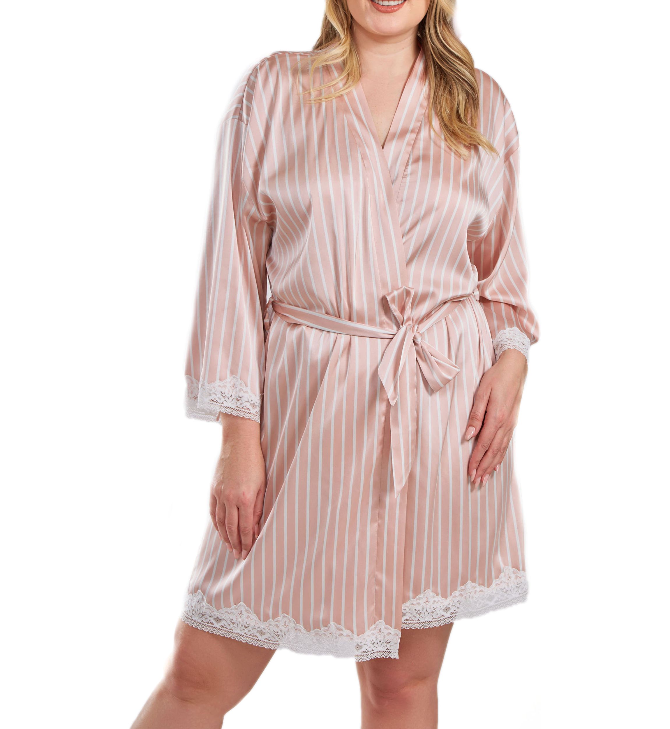 Willa Plus Size Satin Striped 1pc Robe with Self Tie Sash and Trimmed in Lace