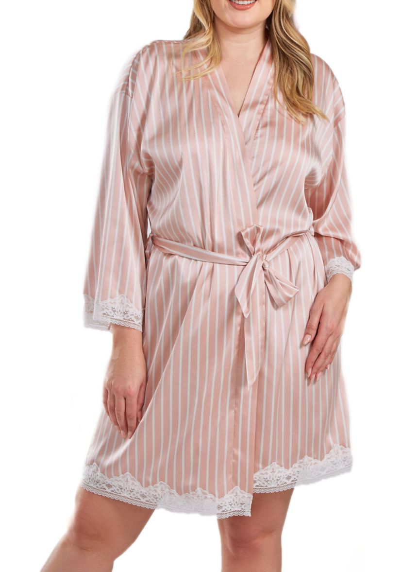 Willa Plus Size Satin Striped 1pc Robe with Self Tie Sash and Trimmed in Lace