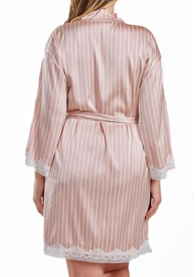 Willa Plus Satin Striped 1pc Robe with Self Tie Sash and Trimmed Lace