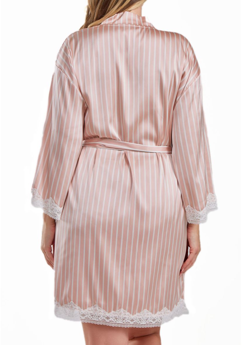 Willa Plus Size Satin Striped 1pc Robe with Self Tie Sash and Trimmed in Lace