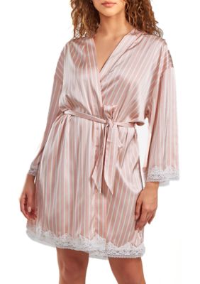 Icollection Women's Willa Satin Striped 1Pc Robe With Self Tie Sash And Trimmed In Lace
