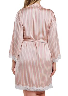 Willa Satin Striped 1pc Robe with Self Tie Sash and Trimmed Lace