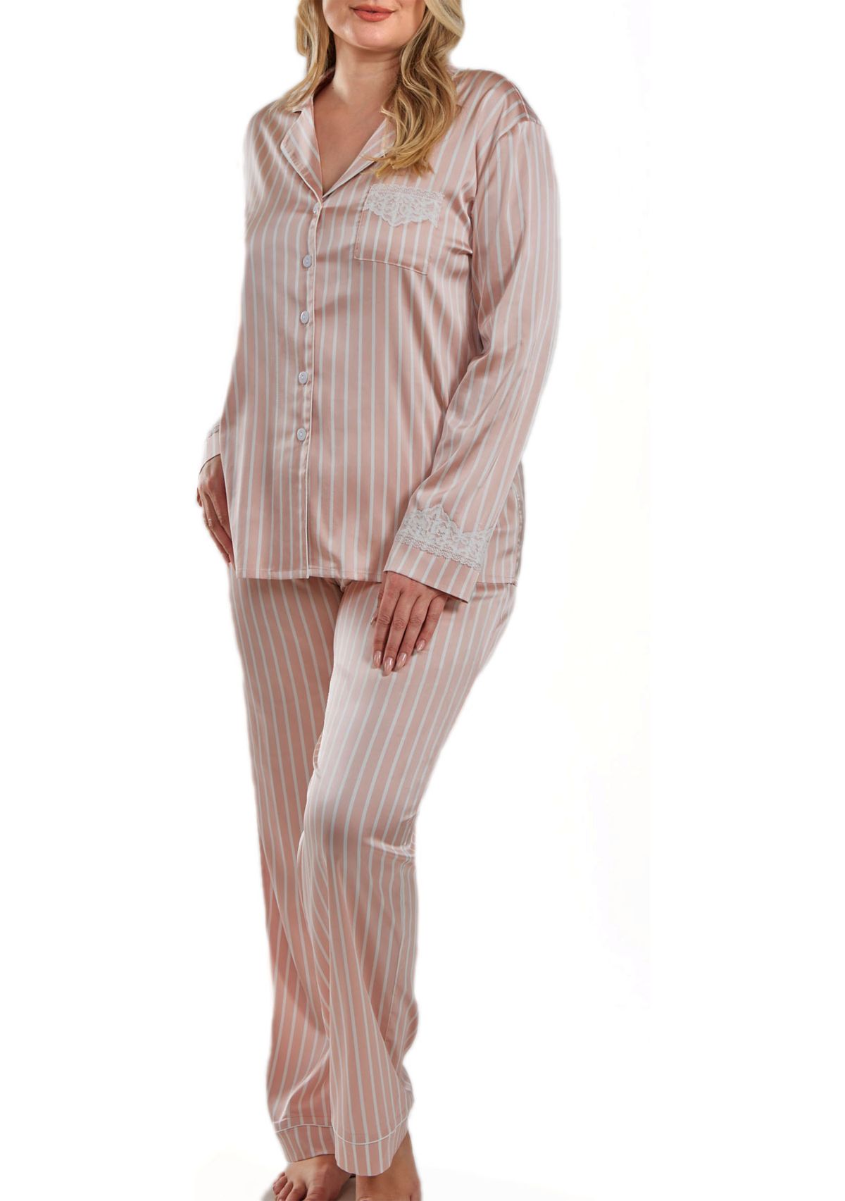 Willa Plus Size Satin Striped Button Down Pajama Pant Set
