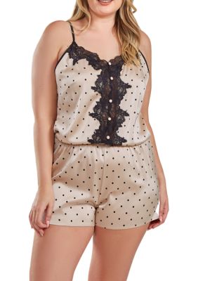 Caris Plus Dotted Satin Romper With Button Down Lace Overlay