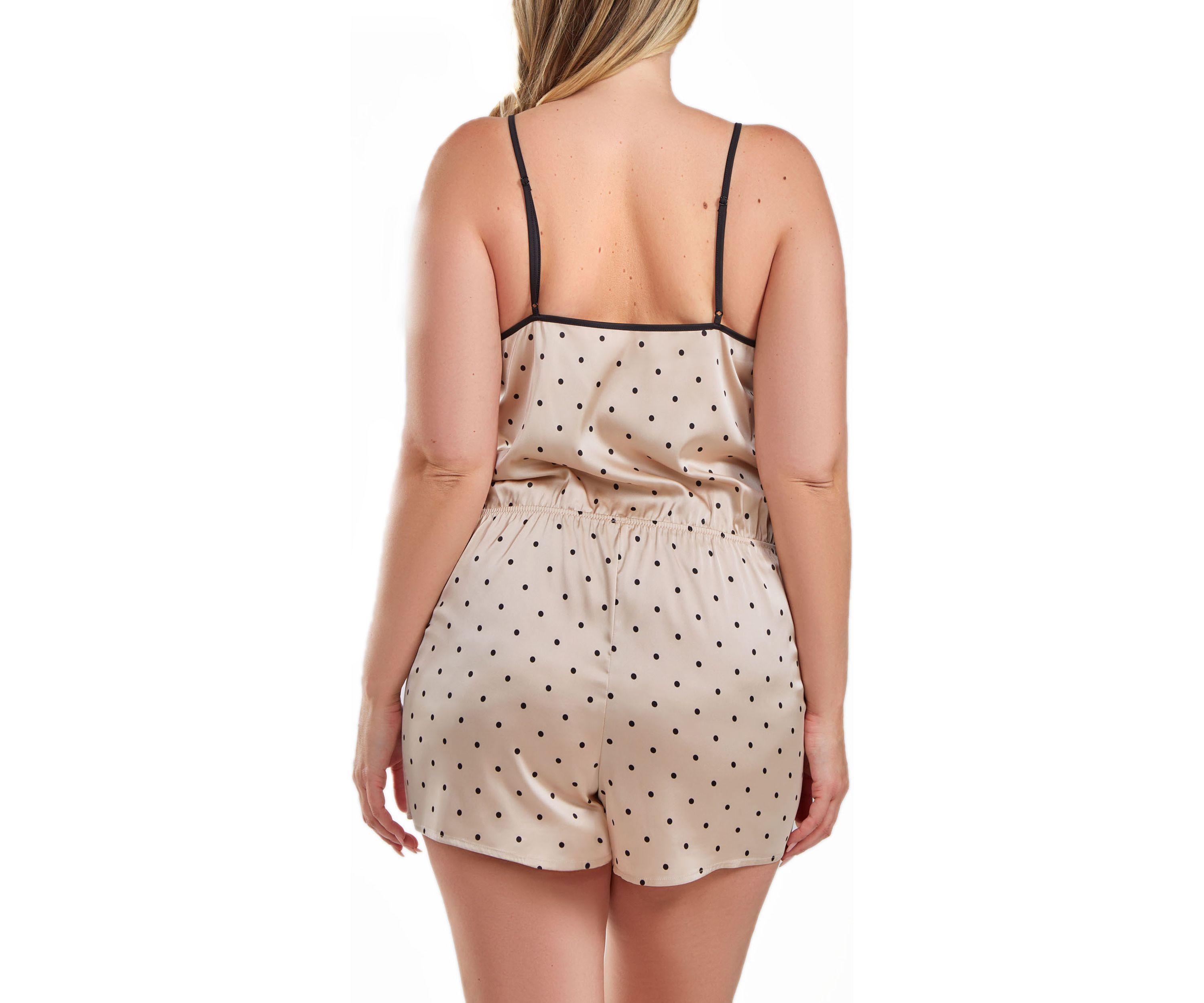 Caris Plus Size Dotted Satin Romper With Button Down Lace Overlay