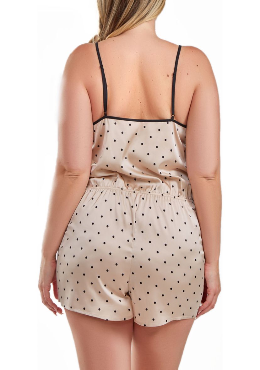 Caris Plus Size Dotted Satin Romper With Button Down Lace Overlay