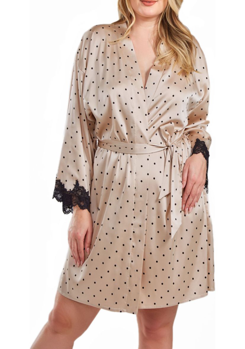 Caris Plus Size Dotted Satin Robe with Lace trimmed Sleeves and Self Tie Sash.