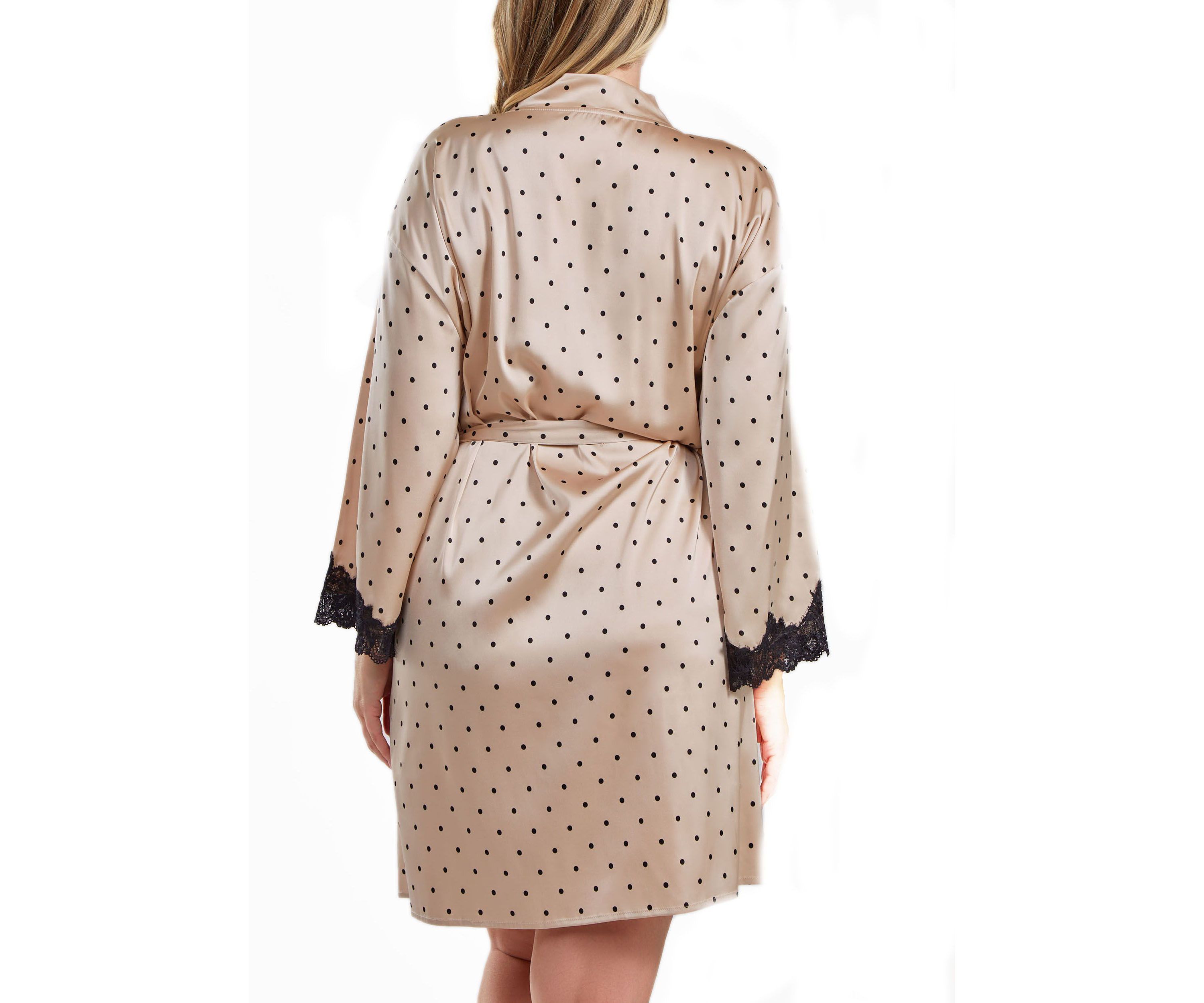 Caris Plus Size Dotted Satin Robe with Lace trimmed Sleeves and Self Tie Sash.