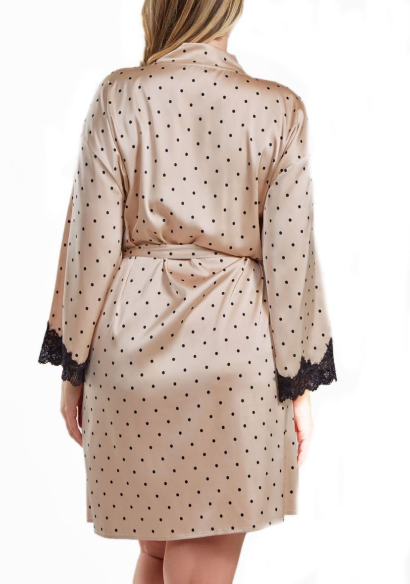 Caris Plus Size Dotted Satin Robe with Lace trimmed Sleeves and Self Tie Sash.