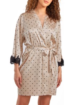 Caris Dotted Satin Robe with Lace trimmed Sleeves and Self Tie Sash.