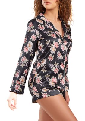 Icollection Women's Roslyn Floral Satin Pj Short Set With Cuff Detail