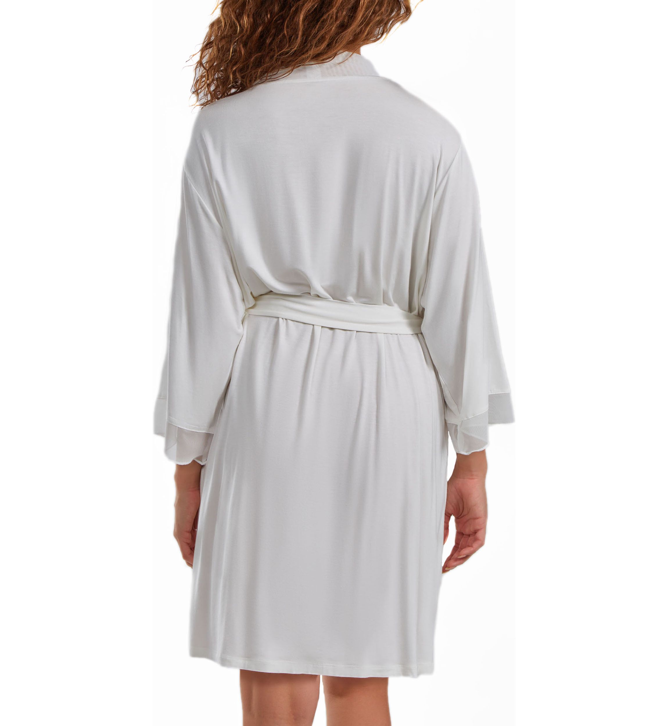 Fallen Plus Size Lace Robe with Mesh Trimmed Sleeves and Self Tie with Sash