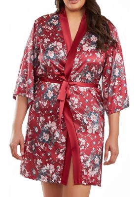 Icollection Women's Elea Plus Size 1Pc Contrast Satin Floral Robe With Self Tie Sash