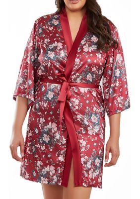 iCollection Women's Elea plus Size 1pc Contrast Satin Floral Robe with Self Tie Sash
