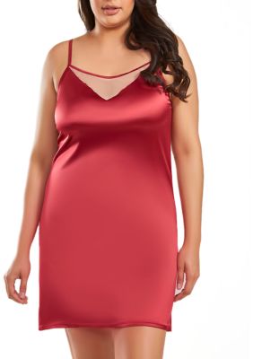 iCollection Women's Elea Plus Size Contrast Nude and Burgundy Satin Chemise
