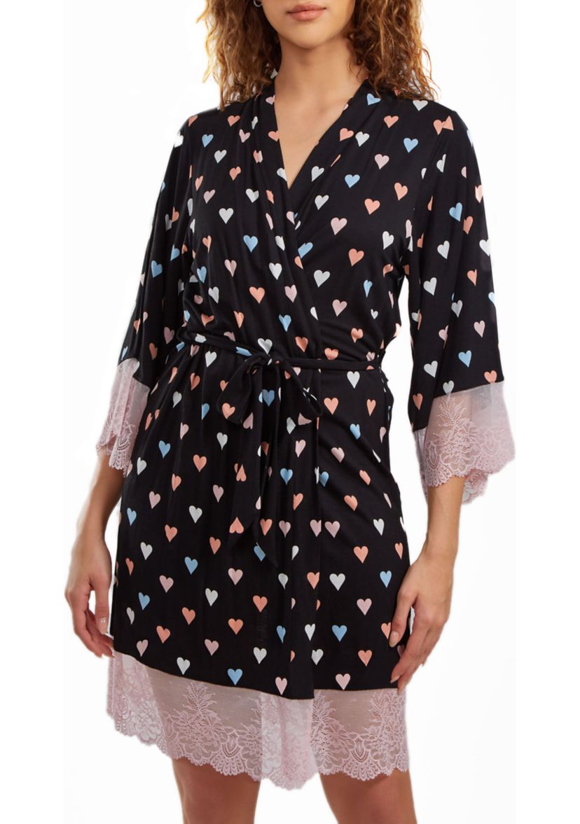 Harmony Modal Hearts Robe Trimmed in Contrast lace with Self Tie Sash